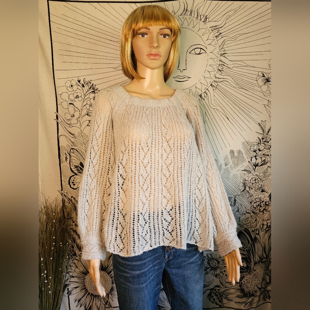 Vintage Y2K Free People Oversized Light Grey Holey Knit Sweater Sz XS